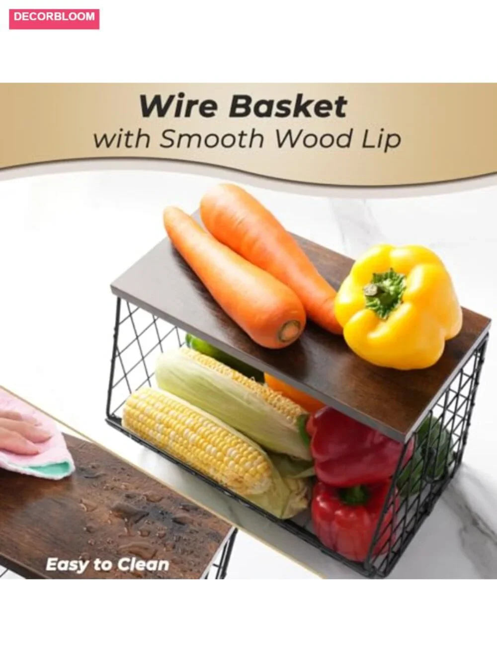 2pc Stacking Fruit Basket Carbon Steel Wood Lid Kitchen Organizer
